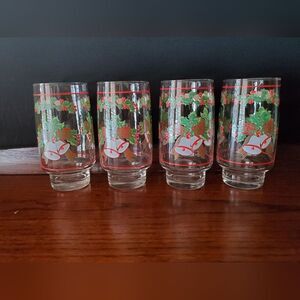 Set of 4 Holly Jingle Bells Christmas Holiday Glasses
